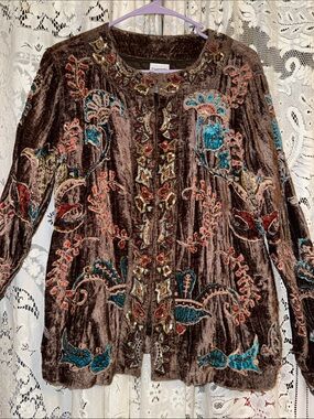 Chico's Brown Velvet Embroidered Floral Jacket with Teal & Coral Accents
